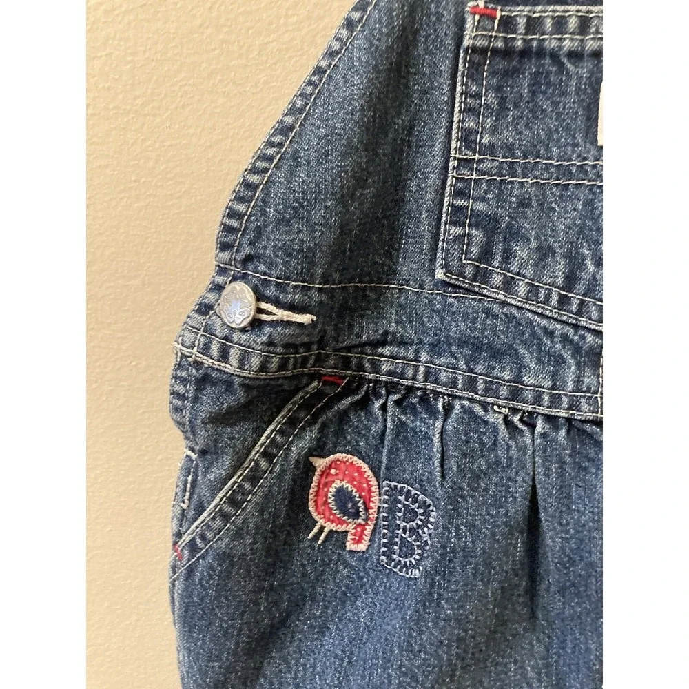 OshKosh Jeans Overalls Bibs SZ 12M Embroidered Bird‎ Cat Apple Pink Lined - Picture 3 of 8